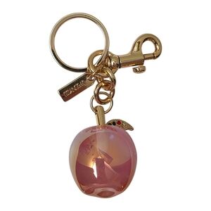 Glossy Iridescent Pink Apple Charm Keychain Rhinestone Leaf Gold Tone Bag Charm